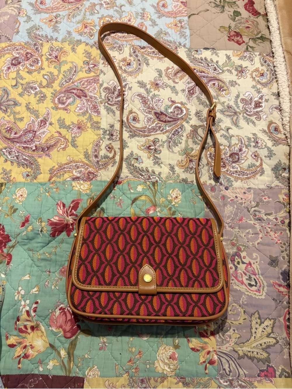 BODEN Stylish Pink Patterned Crossbody Bag with Tan Trim